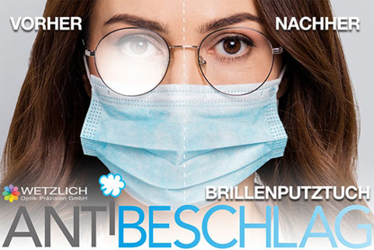 Beschlagene Brillengläser bei Maskenträgern? Neues Brillenputztuch schützt bis zu 12 Stunden vor Beschlagen  Foto: Wetzlich